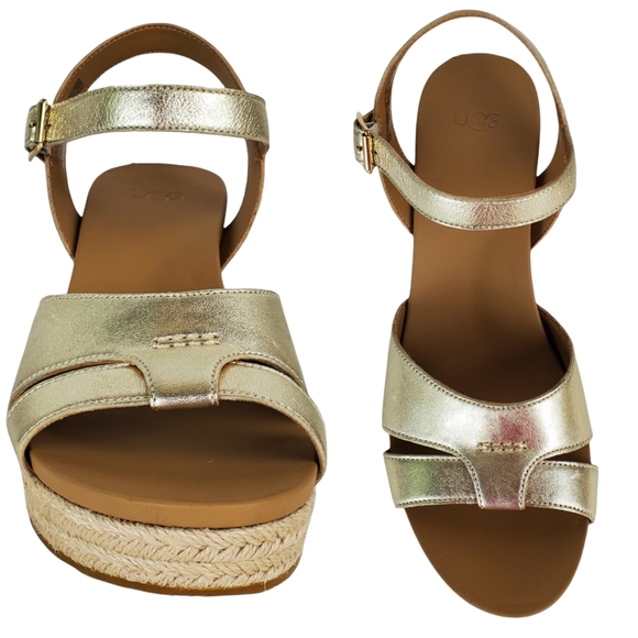 [REPOSH] New Ugg womens cloverdale metallic leather gold wedge sandals - Picture 6 of 14